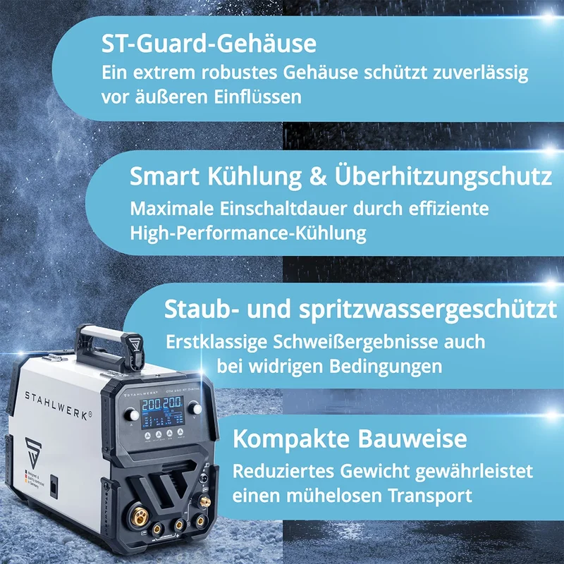 STAHLWERK Kombi-Schweißgerät CTM-250 ST Digital Vollausstattung 5-in-1 Schutzgas-Schweißgerät | Inverter mit 200 A, synergischem Drahtvorschub und integriertem 50 A Plasmaschneider CUT | WIG