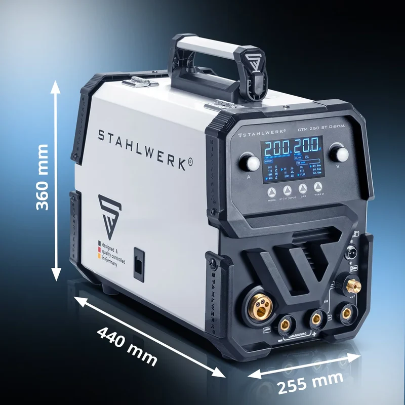 STAHLWERK Kombi-Schweißgerät CTM-250 ST Digital Vollausstattung 5-in-1 Schutzgas-Schweißgerät | Inverter mit 200 A, synergischem Drahtvorschub und integriertem 50 A Plasmaschneider CUT | WIG