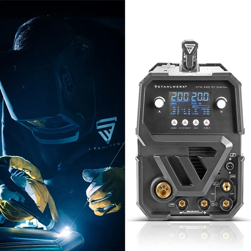 STAHLWERK Kombi-Schweißgerät CTM-250 ST Digital Vollausstattung 5-in-1 Schutzgas-Schweißgerät | Inverter mit 200 A, synergischem Drahtvorschub und integriertem 50 A Plasmaschneider CUT | WIG