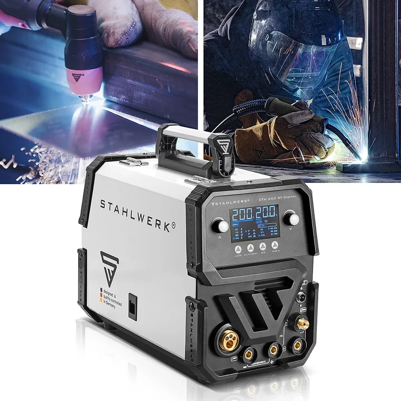 STAHLWERK Kombi-Schweißgerät CTM-250 ST Digital Vollausstattung 5-in-1 Schutzgas-Schweißgerät | Inverter mit 200 A, synergischem Drahtvorschub und integriertem 50 A Plasmaschneider CUT | WIG