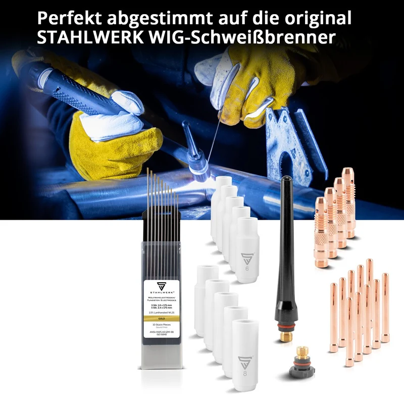 STAHLWERK WP-26 Premium WIG Verschleißteile-Set 36-teiliges Schweißzubehör mit Long-Life-Keramikdüsen, Schweißelektroden WC20 grau und Brennerkappen für WP | SR 17, 18, 26 WIG Schweißbrenner