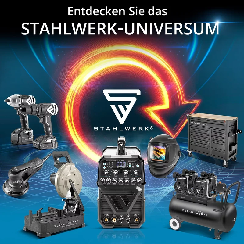 STAHLWERK Schweißgerät Mini FLUX 120 ST Digital mit 120 A Vollausstattung, synergischem Drahtvorschub, Lift-TIG und ARC/MMA Funktion zum Schweißen ohne Schutzgas
