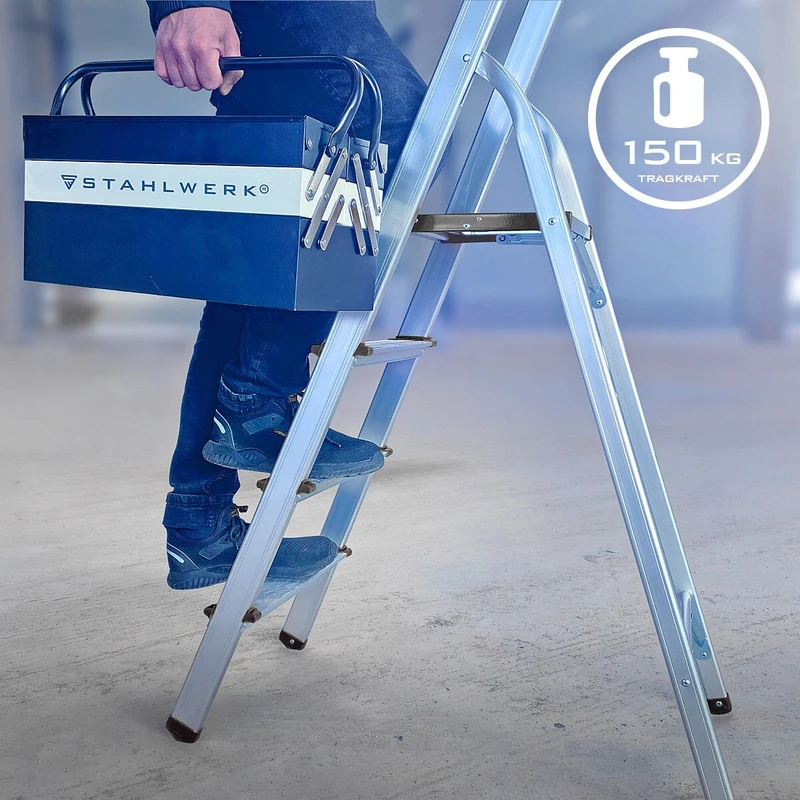 STAHLWERK Stehleiter HL-4 ST 150 kg, 4 Stufen, Standhöhe 78 cm, Aluminium Leiter / Klappleiter / Trittleiter / Mehrzweckleiter mit rutschfesten Sprossen inklusive 7 Jahre Hersteller-Garantie