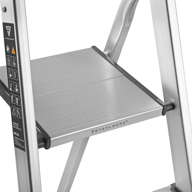STAHLWERK Stehleiter HL-4 ST 150 kg, 4 Stufen, Standhöhe 78 cm, Aluminium Leiter / Klappleiter / Trittleiter / Mehrzweckleiter mit rutschfesten Sprossen inklusive 7 Jahre Hersteller-Garantie