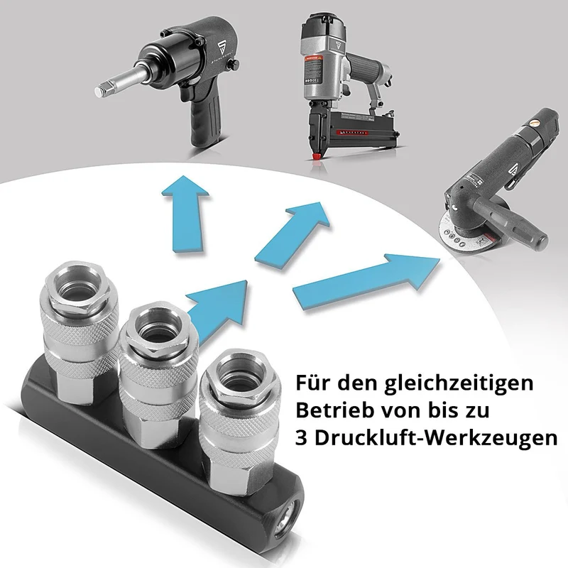 STAHLWERK 3-fach Druckluft-Verteiler | 3-Wege-Verteiler-Anschluss | Druckluft-Adapter | Pneumatik-Verteiler bis 35 bar mit Schnellkupplung NW 7.2 und 1/4 Zoll Anschlussgewinde für Druckluft-Kompressoren