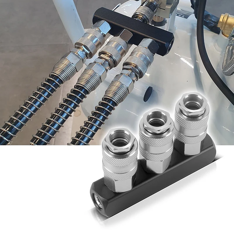 STAHLWERK 3-fach Druckluft-Verteiler | 3-Wege-Verteiler-Anschluss | Druckluft-Adapter | Pneumatik-Verteiler bis 35 bar mit Schnellkupplung NW 7.2 und 1/4 Zoll Anschlussgewinde für Druckluft-Kompressoren