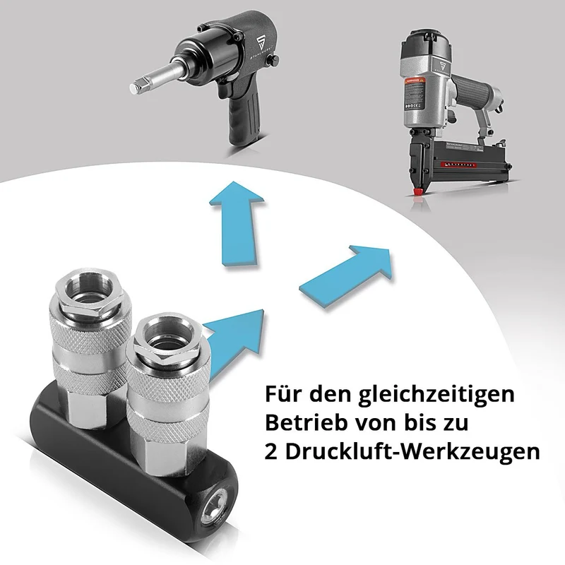 STAHLWERK 2-fach Druckluft-Verteiler | 2-Wege-Verteiler-Anschluss | Druckluft-Adapter | Pneumatik-Verteiler bis 35 bar mit Schnellkupplung NW 7.2 und 1/4 Zoll Anschlussgewinde für Druckluft-Kompressoren