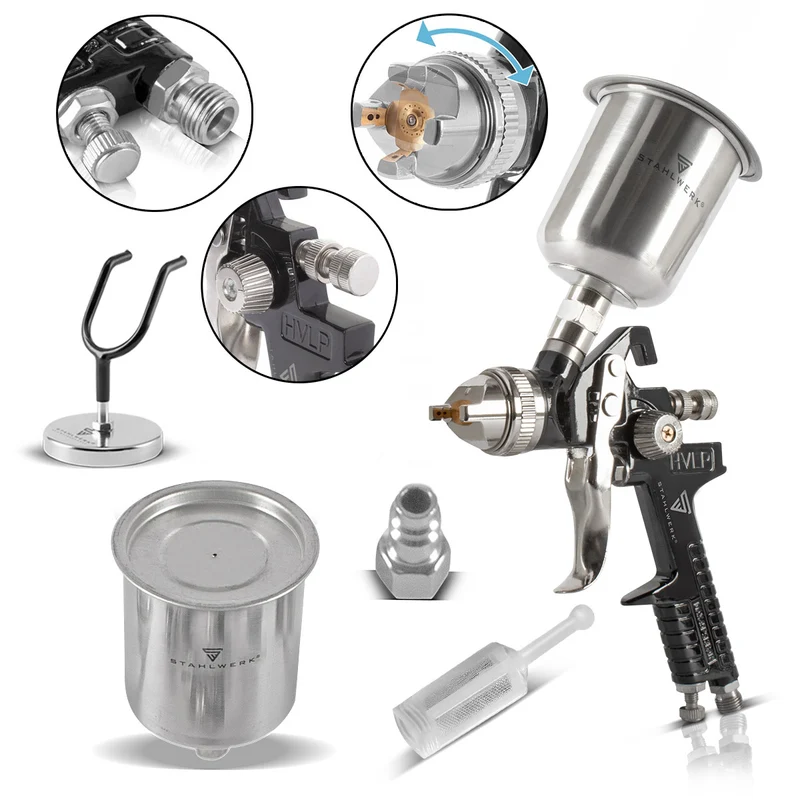 STAHLWERK HVLP Lackierpistole SG-600 ST mit 1,4 mm Düse und 600 ml Fließbecher, Lackierpistolen-Halter, Profi Spritzpistole / Sprühpistole / Spraypistole