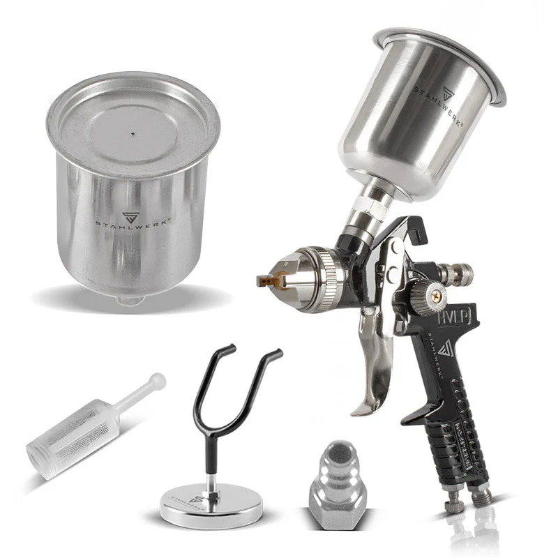 STAHLWERK HVLP Lackierpistole SG-600 ST mit 1,4 mm Düse und 600 ml Fließbecher, Lackierpistolen-Halter, Profi Spritzpistole / Sprühpistole / Spraypistole