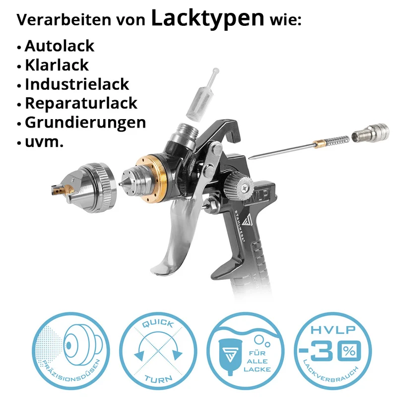 STAHLWERK HVLP Lackierpistole SG-600 ST mit 1,4 mm Düse und 600 ml Fließbecher, Lackierpistolen-Halter, Profi Spritzpistole / Sprühpistole / Spraypistole