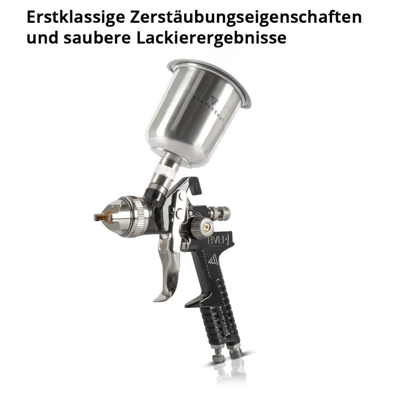 STAHLWERK HVLP Lackierpistole SG-600 ST mit 1,4 mm Düse und 600 ml Fließbecher, Lackierpistolen-Halter, Profi Spritzpistole / Sprühpistole / Spraypistole