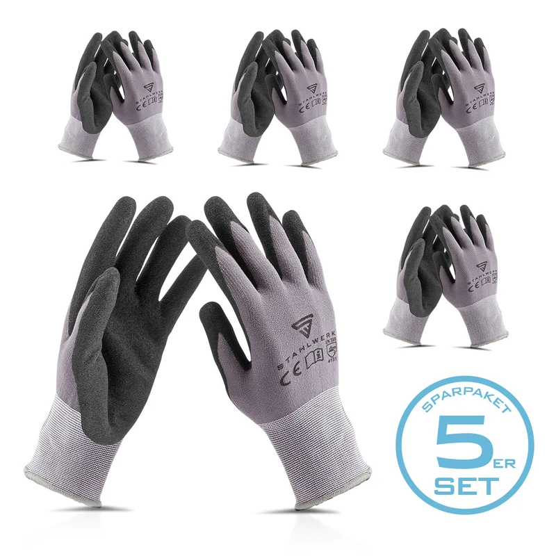 STAHLWERK Arbeits- und Montagehandschuhe Größe L 5er Pack / Schutzkleidung / robust und strapazierfähig aus Nitrilkautschuk