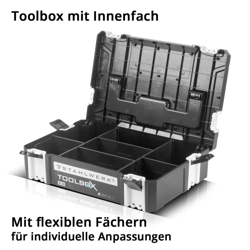 STAHLWERK Universal Toolbox mit Innenfach Größe S 443 x 310 x 128 mm stapelbare Systembox | Werkzeugkiste | Werkzeug-Organizer im Modul-System aus hochbelastbarem ABS-Kunststoff mit Tragegriff