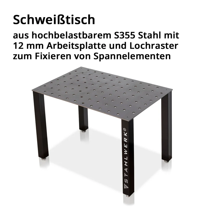STAHLWERK Schweißtisch Set, Montagetisch mit D22 Lochsystem und 12 mm Arbeitsplatte als DIY-Bausatz im Set mit Magnetanschlägen, Schraubzwinge, Anschlag-, Spann- und Zentrierbolzen
