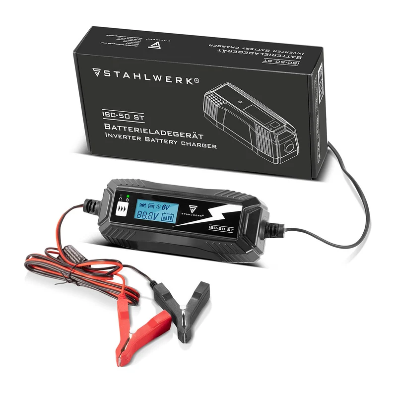STAHLWERK Batterieladegerät IBC-50 ST mit Mikroprozessor und 4 Lademodi für 6V/12V AGM, VRLA, MF, SLA und GEL-Batterien | Intelligentes Ladegerät für Auto und Motorrad