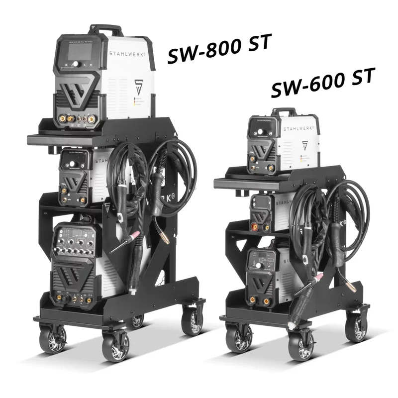 STAHLWERK Schweißwagen SW-800-ST mit 1,5 mm Wandstärke | Longlife-Gummirollen | Gerätewagen für Schweißgeräte und Plasmaschneider mit Kabel- und Schlauchhalterung sowie Kettensicherung für Gasflaschen