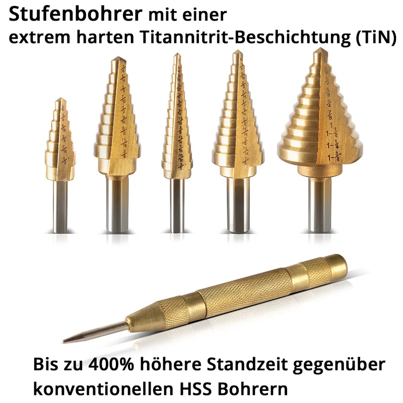 STAHLWERK HSS Stufenbohrer / Kegelbohrer Set 6 Teile mit TiN-Beschichtung, Senkbohrer / Metallbohrer zum präzisen Bohren von legierten und nicht legierten Stählen inklusive Automatik-Körner und Aluminiumkoffer