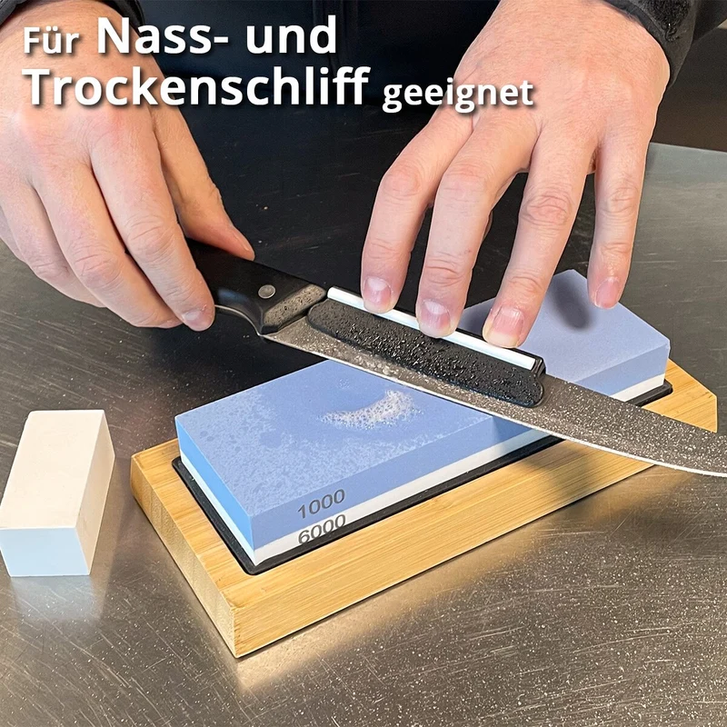 STAHLWERK Schleifstein Set mit 1000 | 6000 Körnung Doppelseitiger 2-in-1 Wetzstein | Schärfstein | Abziehstein | Messerschärfer mit Führungsschiene und rutschfestem Standfuß