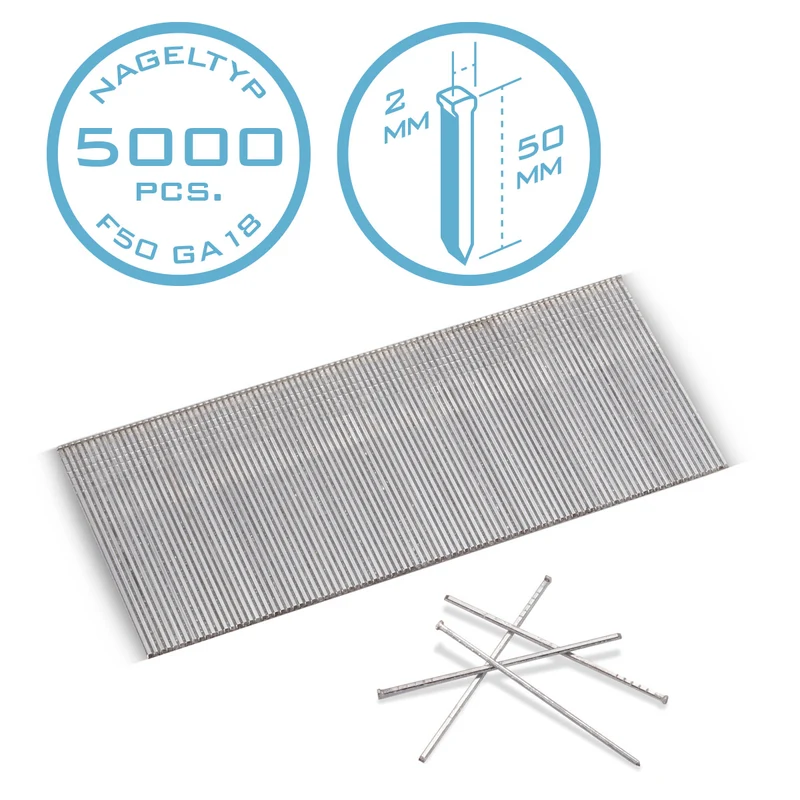 STAHLWERK Druckluft Nägel 50 mm Gauge 18 (1,25 x 1,05 mm) mit 2 mm Kopfbreite im 5000er Set Streifennägel | Tackernägel | Druckluft Stifte für Nagler, Nagelpistolen und Tacker