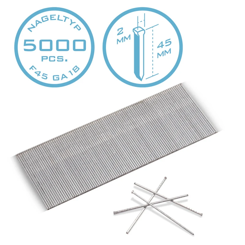 STAHLWERK Druckluft Nägel 45 mm Gauge 18 (1,25 x 1,05 mm) mit 2 mm Kopfbreite im 5000er Set Streifennägel | Tackernägel | Druckluft Stifte für Nagler, Nagelpistolen und Tacker