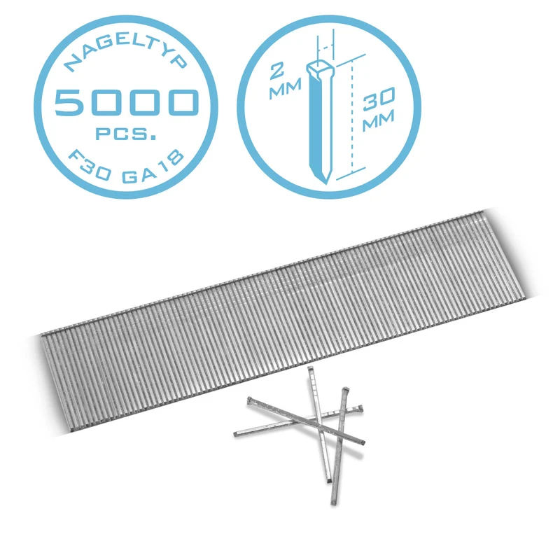 STAHLWERK Druckluft Nägel 30 mm Gauge 18 (1,25 x 1,05 mm) mit 2 mm Kopfbreite im 5000er Set Streifennägel | Tackernägel | Druckluft Stifte für Nagler, Nagelpistolen und Tacker