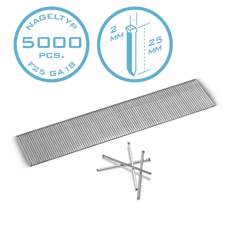 STAHLWERK Druckluft Nägel 25 mm Gauge 18 (1,25 x 1,05 mm) mit 2 mm Kopfbreite im 5000er Set Streifennägel | Tackernägel | Druckluft Stifte für Nagler, Nagelpistolen und Tacker