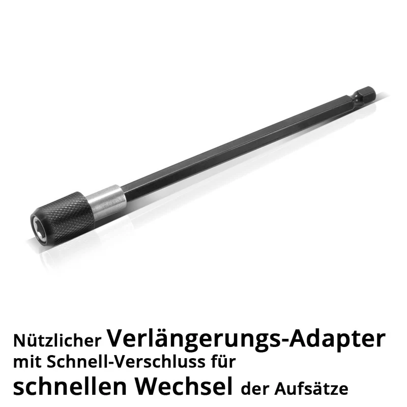 STAHLWERK Bürsten-Aufsatz 4er Set für Akkuschrauber und Bohrmaschinen, Reinigungs-, Polier- und Detailing-Bürsten mit Standard-Bit-Aufnahme inklusive Verlängerungs-Adapter