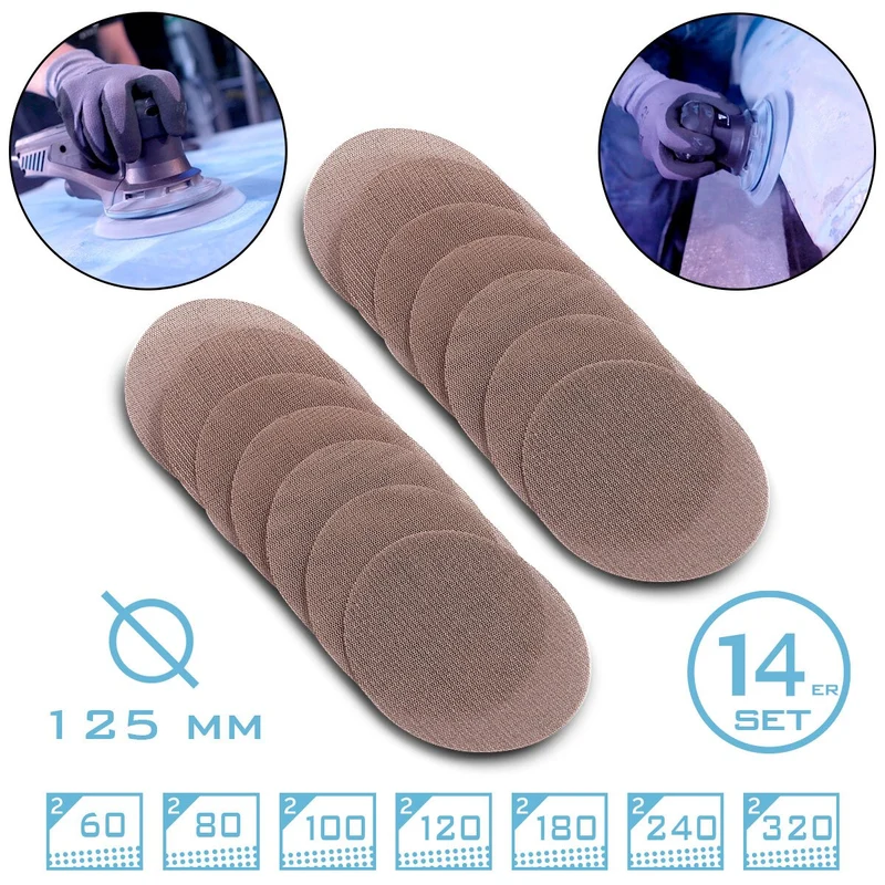STAHLWERK Gitternetz-Klett-Schleifscheiben 14er Set P60 | P80 | P100 | P120 | P180 | P240 | P320 Körnung mit 125 mm Ø Profi-Schleifpads | Schleifgitter | Schleifmittel | Zubehör für Schleifgeräte