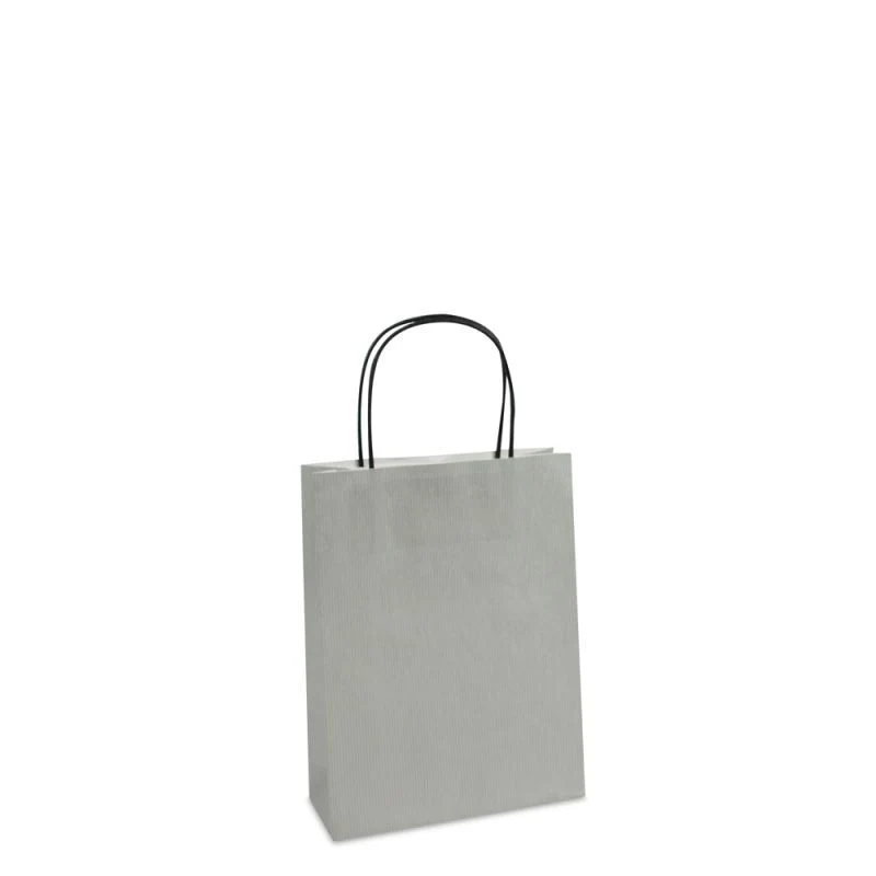 Papiertragetaschen mit gedrehte Griffe und Bodenkarton 18+7x24 cm Silber (250 Stück) [FP-007024]