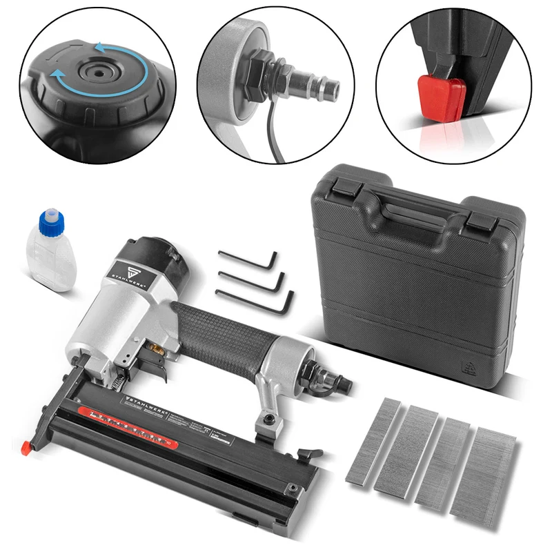 STAHLWERK Druckluft Nagler DN-50 ST 2 in 1 Nagelpistole | Tacker | Streifennagler | Klammernagler mit 5-7 Bar Arbeitsdruck, Metallgehäuse, geeignet für 18 Gauge Nägel und Tackernadeln inklusive Zubehör und Transportkoffer