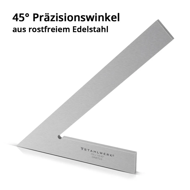 STAHLWERK Spitz-Flachwinkel 45° 250 x 160 mm DIN 875/2 Kontrollwinkel / Schlosserwinkel / Anschlagwinkel / Spitzwinkel / Präzisionswinkel aus rostfreiem Edelstahl & Reißnadel 145 mm