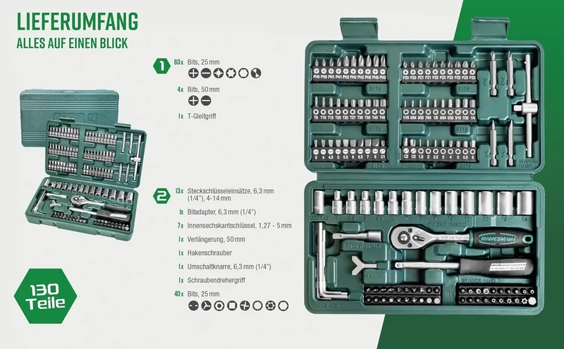 Brüder Mannesmann Steckschlüssel- & Bitsatz 130-teilig – Werkzeugkoffer mit Ratsche, Stecknüssen und 100 Bits