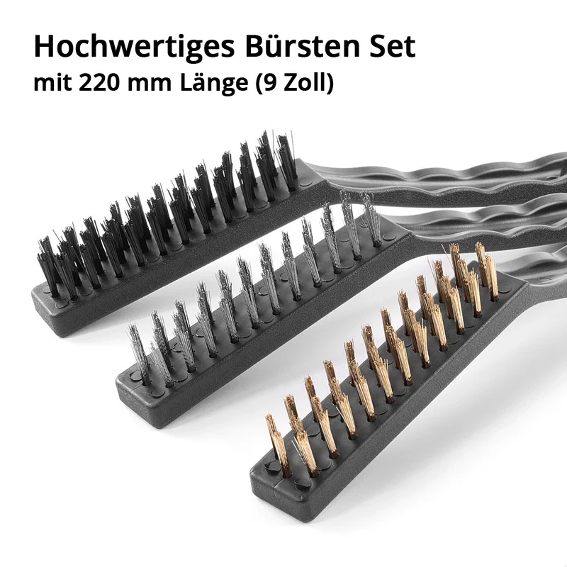 STAHLWERK Drahtbürsten Set 220 mm (9 Zoll) 3-teiliger Bürstensatz aus Messingbürste, Stahlbürste und Nylonbürste zum effektiven Reinigen von Oberflächen