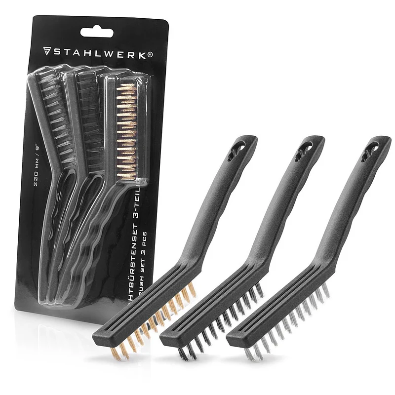 STAHLWERK Drahtbürsten Set 220 mm (9 Zoll) 3-teiliger Bürstensatz aus Messingbürste, Stahlbürste und Nylonbürste zum effektiven Reinigen von Oberflächen