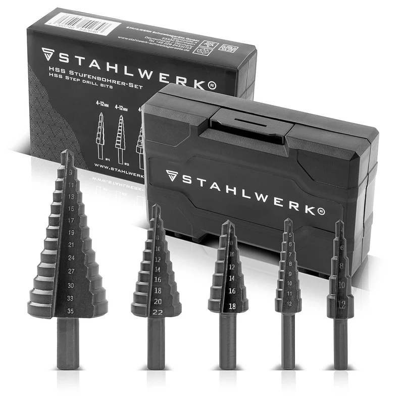 STAHLWERK HSS Stufenbohrer / Kegelbohrer Set 5 Teile mit TiAlN-Beschichtung, Senkbohrer / Metallbohrer zum präzisen Bohren von legierten und nicht legierten Stählen inklusive Kunststoff Aufbewahrungs-Box