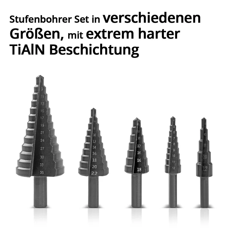 STAHLWERK HSS Stufenbohrer / Kegelbohrer Set 5 Teile mit TiAlN-Beschichtung, Senkbohrer / Metallbohrer zum präzisen Bohren von legierten und nicht legierten Stählen inklusive Kunststoff Aufbewahrungs-Box