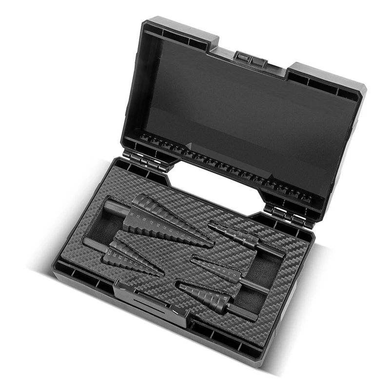 STAHLWERK HSS Stufenbohrer / Kegelbohrer Set 5 Teile mit TiAlN-Beschichtung, Senkbohrer / Metallbohrer zum präzisen Bohren von legierten und nicht legierten Stählen inklusive Kunststoff Aufbewahrungs-Box