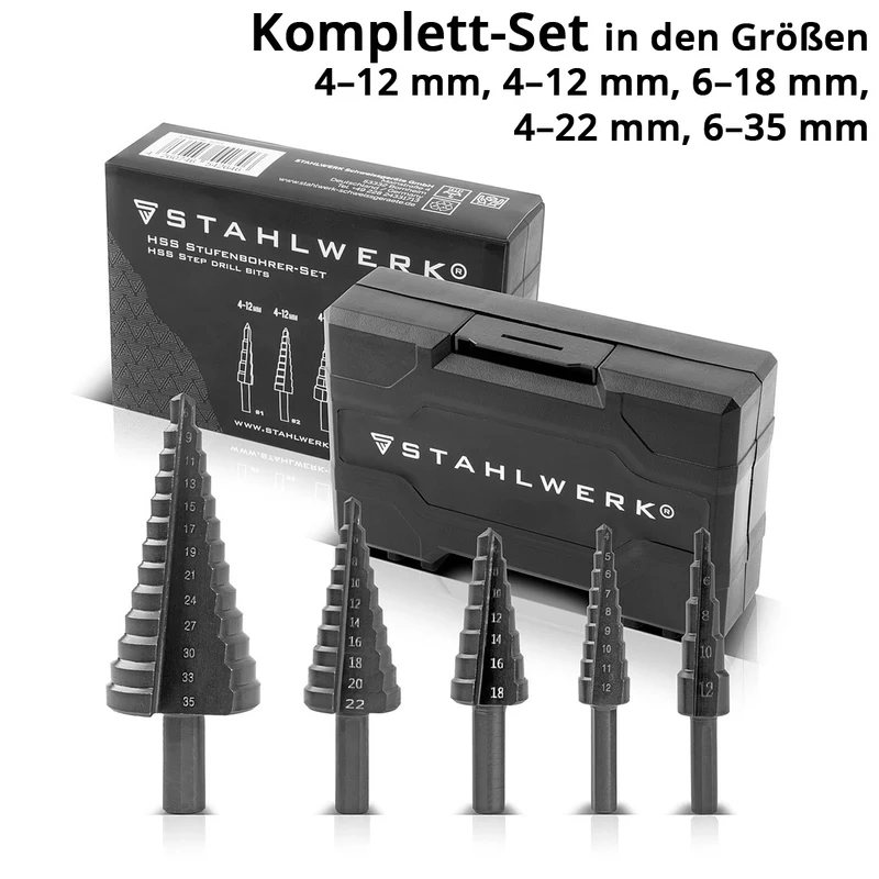 STAHLWERK HSS Stufenbohrer / Kegelbohrer Set 5 Teile mit TiAlN-Beschichtung, Senkbohrer / Metallbohrer zum präzisen Bohren von legierten und nicht legierten Stählen inklusive Kunststoff Aufbewahrungs-Box