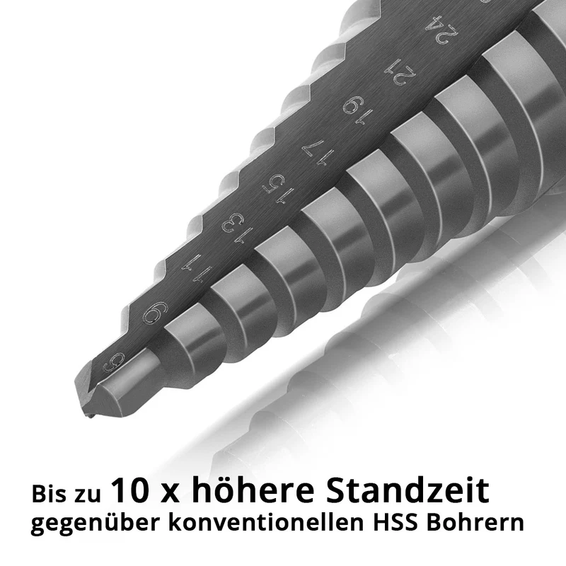 STAHLWERK HSS Stufenbohrer / Kegelbohrer Set 5 Teile mit TiAlN-Beschichtung, Senkbohrer / Metallbohrer zum präzisen Bohren von legierten und nicht legierten Stählen inklusive Kunststoff Aufbewahrungs-Box