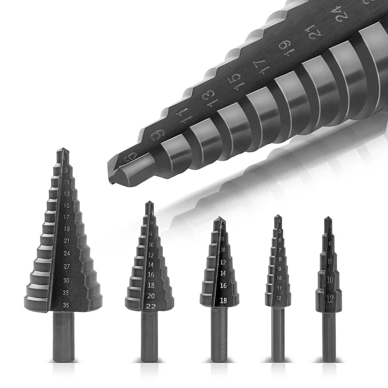STAHLWERK HSS Stufenbohrer / Kegelbohrer Set 5 Teile mit TiAlN-Beschichtung, Senkbohrer / Metallbohrer zum präzisen Bohren von legierten und nicht legierten Stählen inklusive Kunststoff Aufbewahrungs-Box