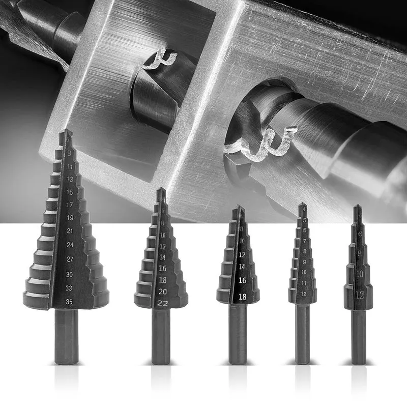 STAHLWERK HSS Stufenbohrer / Kegelbohrer Set 5 Teile mit TiAlN-Beschichtung, Senkbohrer / Metallbohrer zum präzisen Bohren von legierten und nicht legierten Stählen inklusive Kunststoff Aufbewahrungs-Box