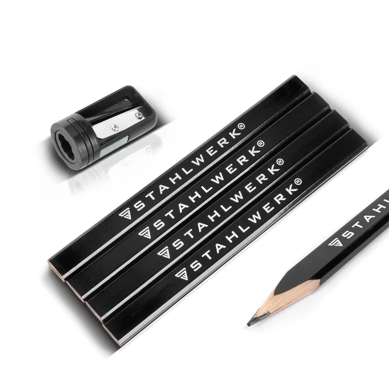 STAHLWERK Zimmermannsbleistift Set 5-teilig 180 mm (7") 4 ovale, mittelharte (HB) Baubleistifte inklusive Anspitzer mit Schleifstreifen für Bau, Handwerk und DIY