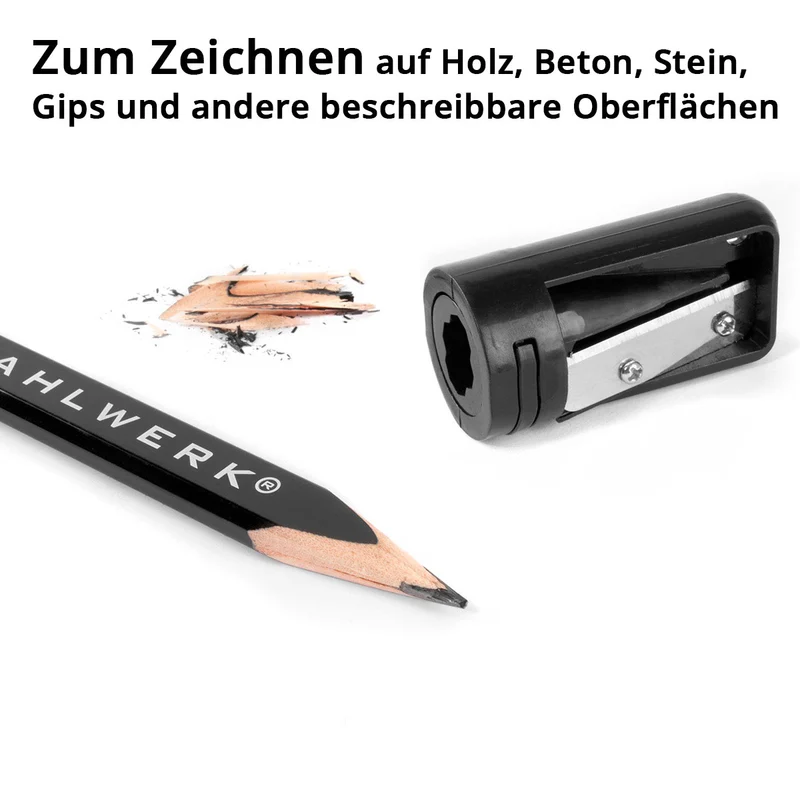 STAHLWERK Zimmermannsbleistift Set 5-teilig 180 mm (7") 4 ovale, mittelharte (HB) Baubleistifte inklusive Anspitzer mit Schleifstreifen für Bau, Handwerk und DIY