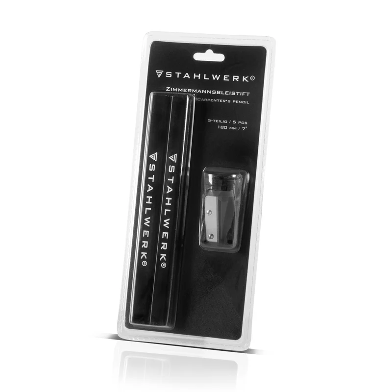 STAHLWERK Zimmermannsbleistift Set 5-teilig 180 mm (7") 4 ovale, mittelharte (HB) Baubleistifte inklusive Anspitzer mit Schleifstreifen für Bau, Handwerk und DIY