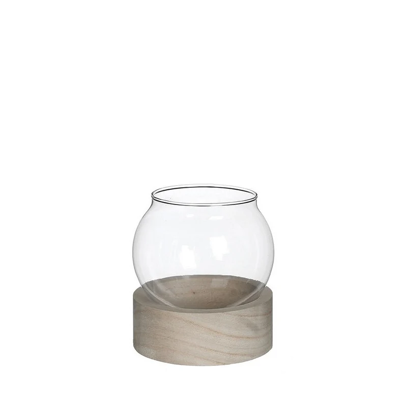Glaskugelvase mit Holzsockel, Ø 10 cm, H. 11 cm (1 Stück) [IFS-29411]