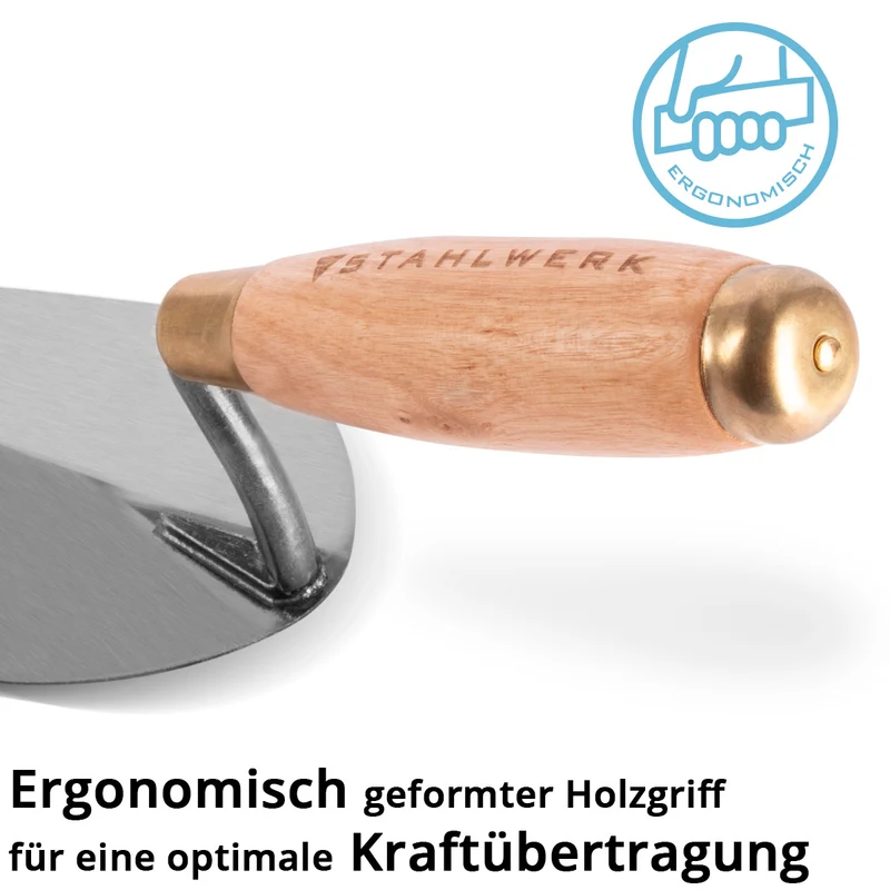 STAHLWERK Spitzkelle 150 mm, hochwertige Carbon-Stahl Maurerkelle / Putzkelle / Dreieckskelle mit ergonomischem Griff aus Naturholz