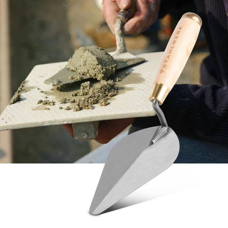 STAHLWERK Spitzkelle 150 mm, hochwertige Carbon-Stahl Maurerkelle / Putzkelle / Dreieckskelle mit ergonomischem Griff aus Naturholz