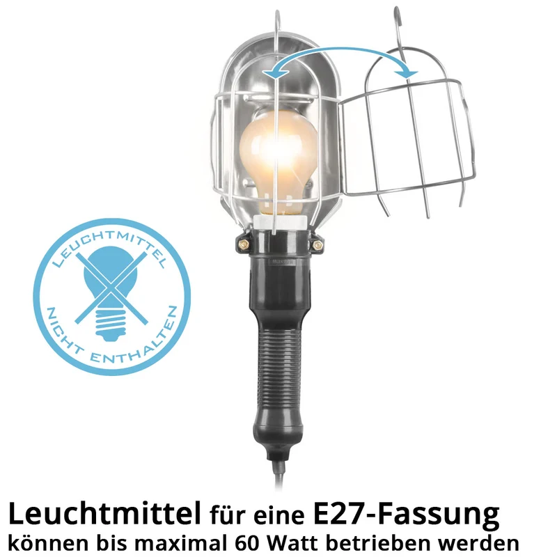 STAHLWERK Arbeitsleuchte mit E27-Fassung bis max. 60 W Werkstattleuchte mit 10 m Kabel, Hängehaken und gummiertem Handgriff, Bauleuchte | Arbeitslampe | Handleuchte für Reparaturen und Renovierungsarbeiten
