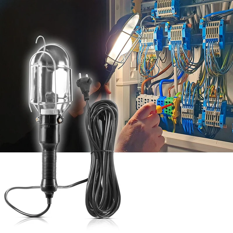 STAHLWERK Arbeitsleuchte mit E27-Fassung bis max. 60 W Werkstattleuchte mit 10 m Kabel, Hängehaken und gummiertem Handgriff, Bauleuchte | Arbeitslampe | Handleuchte für Reparaturen und Renovierungsarbeiten