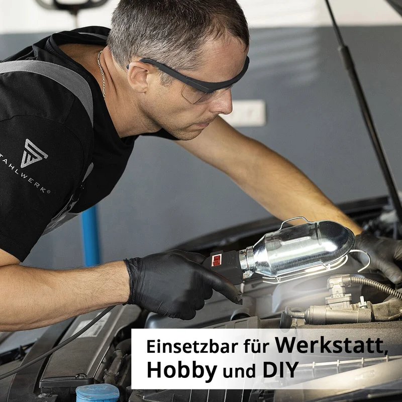 STAHLWERK Arbeitsleuchte mit E27-Fassung bis max. 60 W Werkstattleuchte mit 10 m Kabel, Hängehaken und gummiertem Handgriff, Bauleuchte | Arbeitslampe | Handleuchte für Reparaturen und Renovierungsarbeiten
